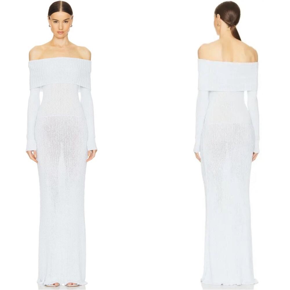 AYA MUSE Karia Off the Shoulder Long Sleeve Knit Sheer Blue Maxi Dress Size XL